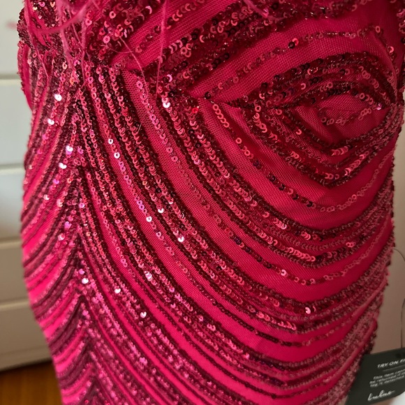 Lulu’s Magenta Sequin Feather Maxi Dress - Picture 5 of 8